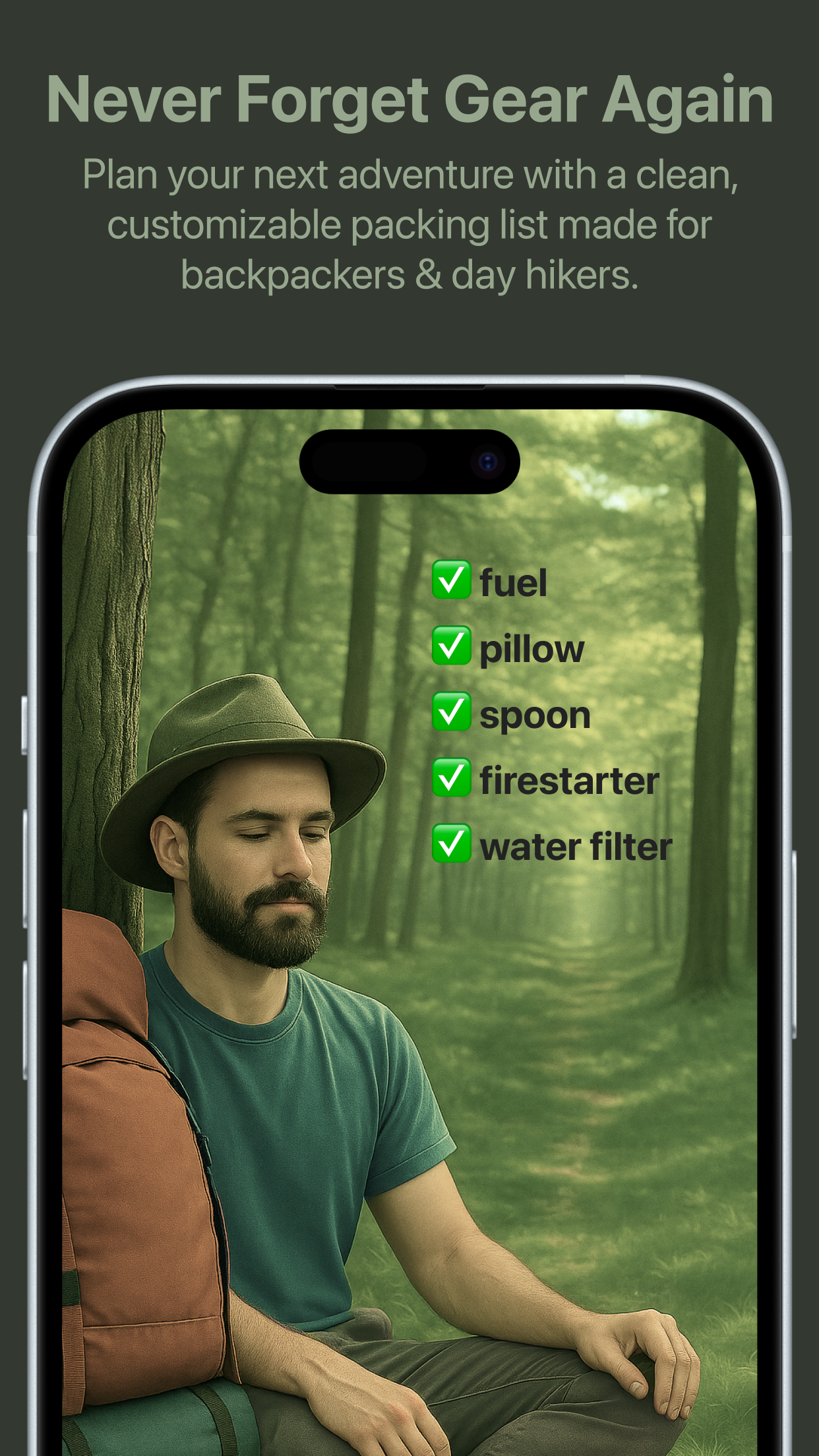 Plan your next adventure with a clean, customizable packing list made for backpackers & day hikers.