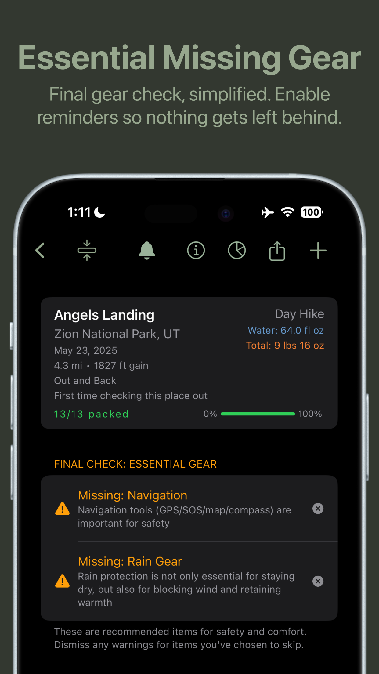 Final gear check, simplified. Enable reminders so nothing gets left behind.