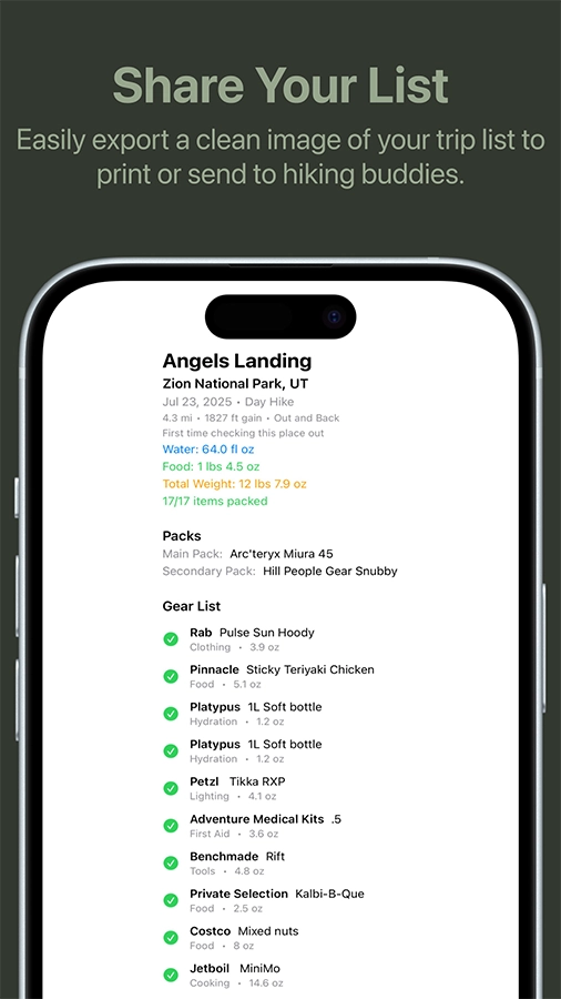Easily export a clean image of your trip list to print or send to hiking buddies.