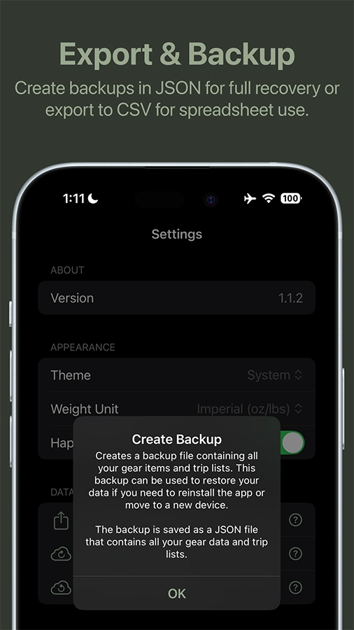 Create backups in JSON for full recovery or export to CSV for spreadsheet use.