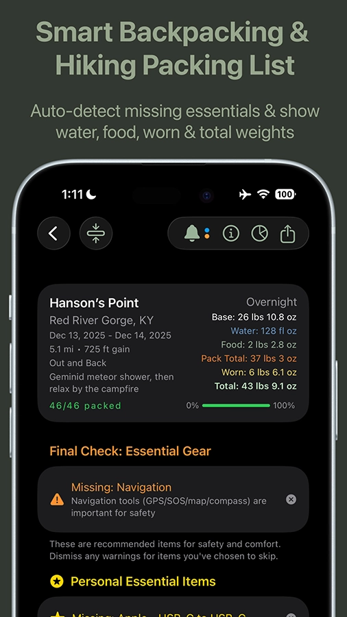Smart backpacking and hiking packing list. Auto-detect missing essentials and show water, food, worn and total weights.