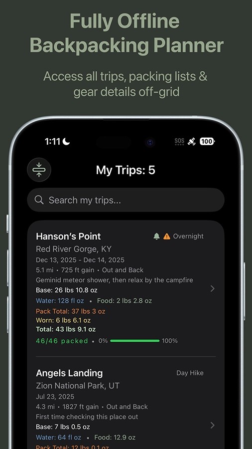 Fully offline backpacking planner. Access all trips, packing lists and gear details off-grid. 