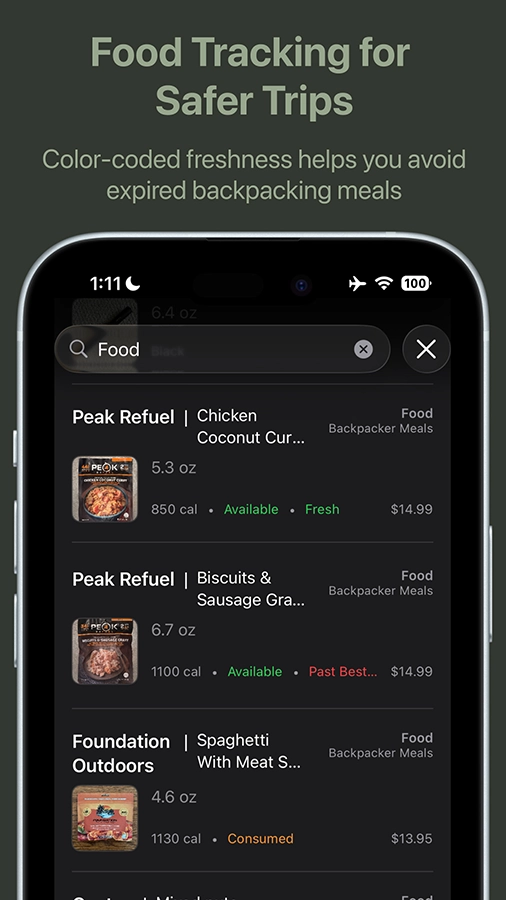 Food tracking for safer trips. Color-coded freshness helps you avoid expired backpacking meals.