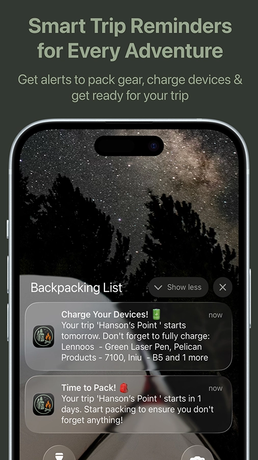 Smart trip reminders for every adventure. Get alerts to pack gear, charge devices and get ready for your trip.