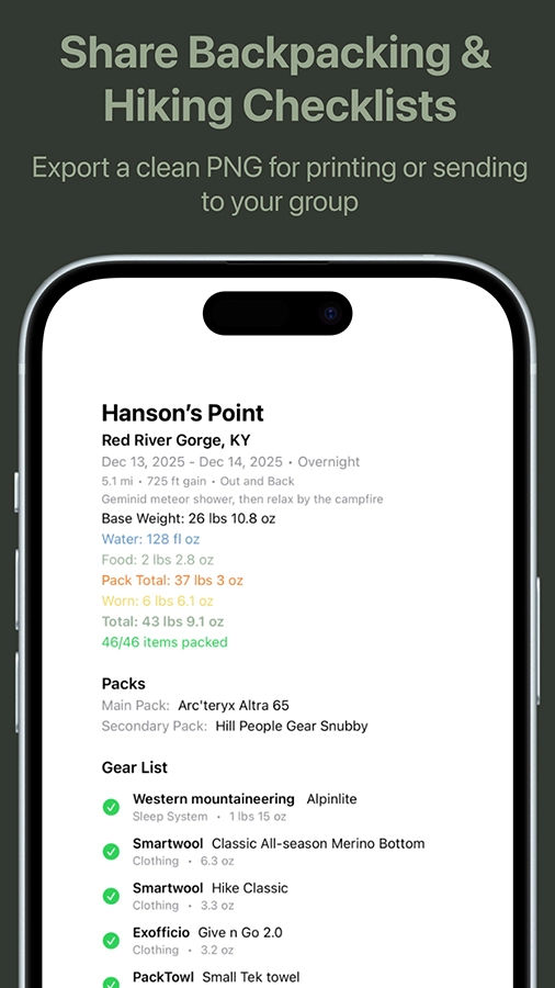 Share backpacking and hiking checklists. Export a clean PNG for printing or sending to your group.