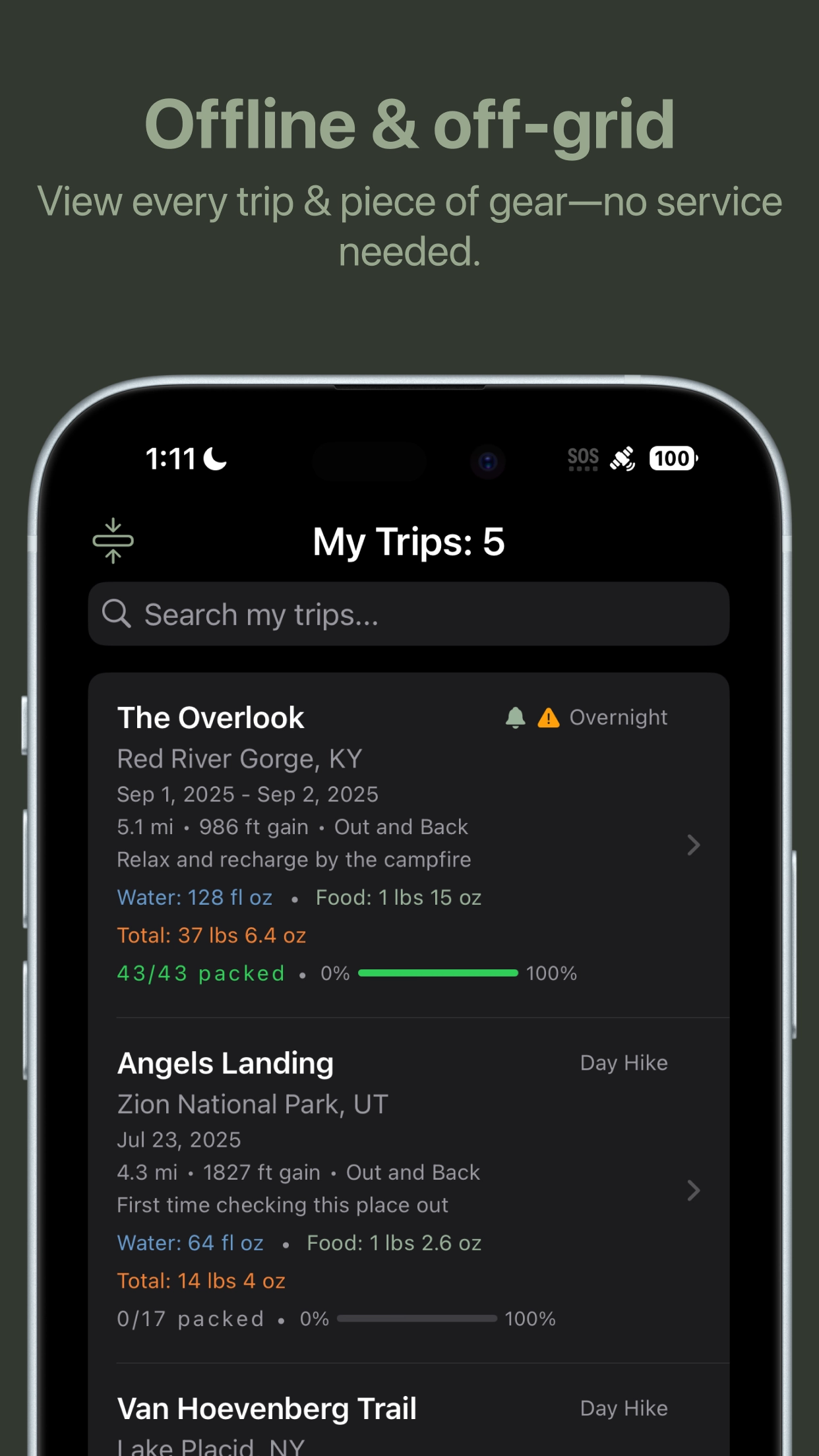 View every trip & piece of gear—no service needed