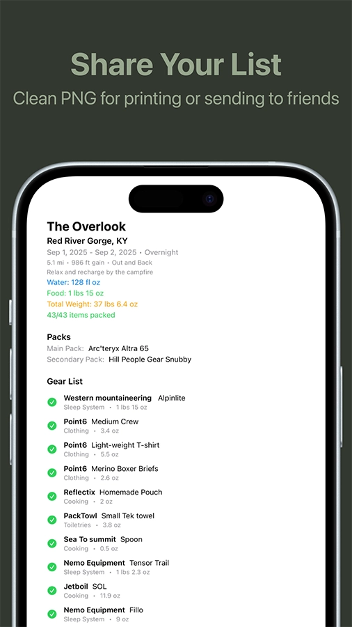Easily export a clean image of your trip list to print or send to hiking buddies.
